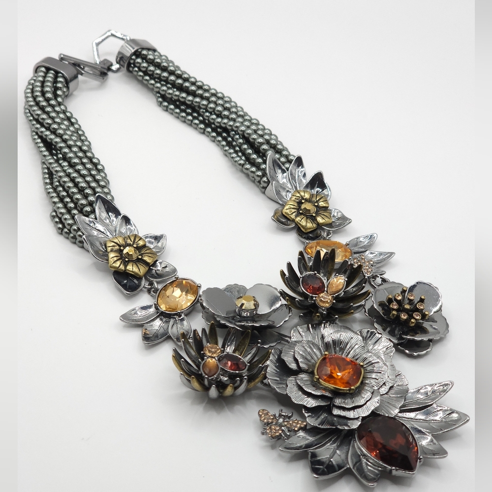 Signed Large Floral Multi-Stranded Statement Neck… - image 2